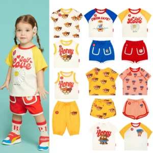 2026 Summer Baby Girls Cotton T Shirts + Shorts Suits New Boys Cartoon Bear
