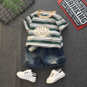 Toddler Baby Boy 2Pcs Summer Casual Clothes Set, Striped Short Sleeve Letter Print T-shirt + Ripped Denim Shorts