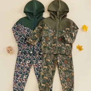 Camouflage Sleeve Hooded Waist Pants Fall Print Long Sleeve Pants Kids